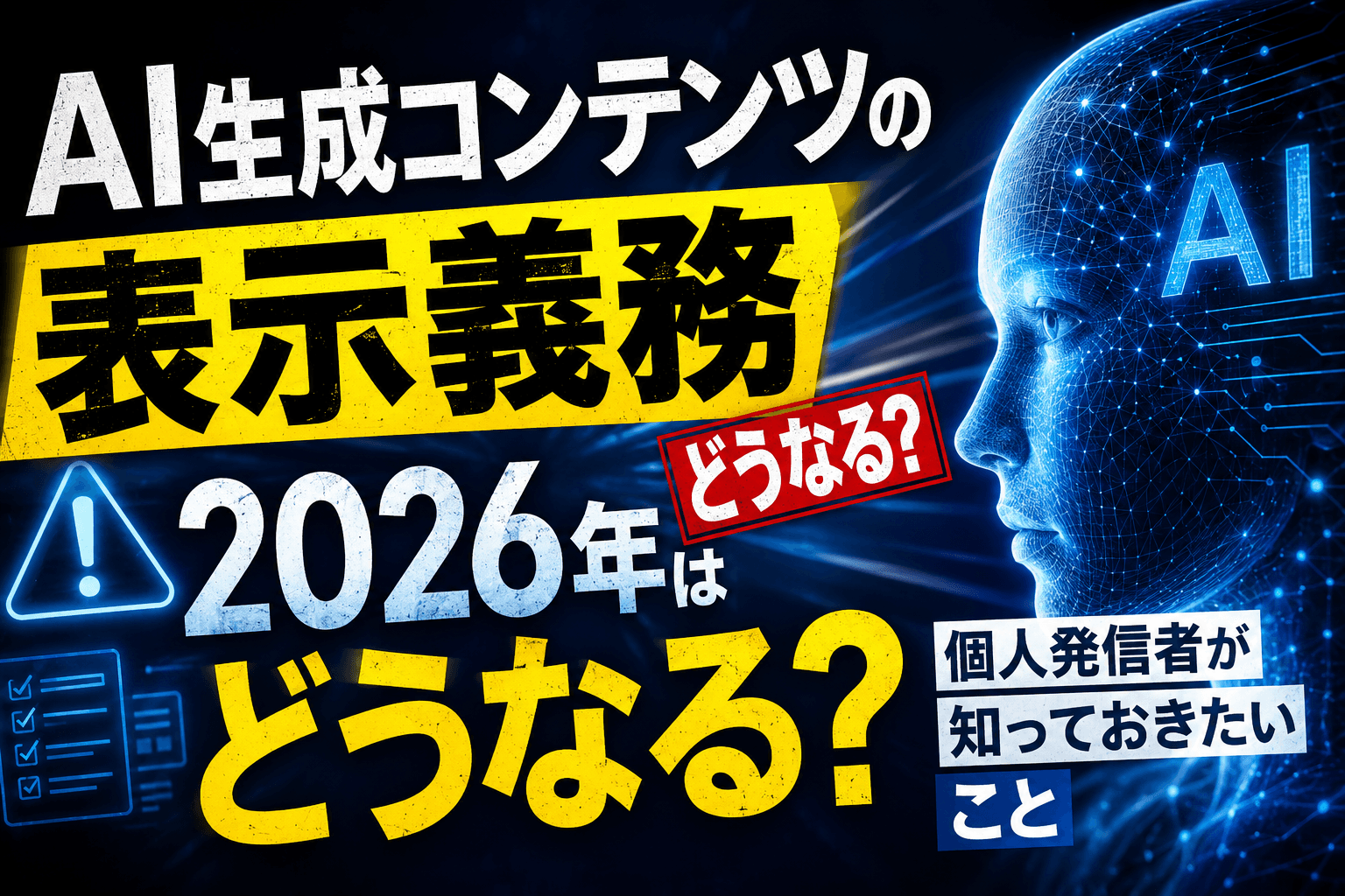 AI生成コンテンツの表示義務が2026年はどうなるか、個人発信者が知っておきたい論点を図解したアイキャッチ