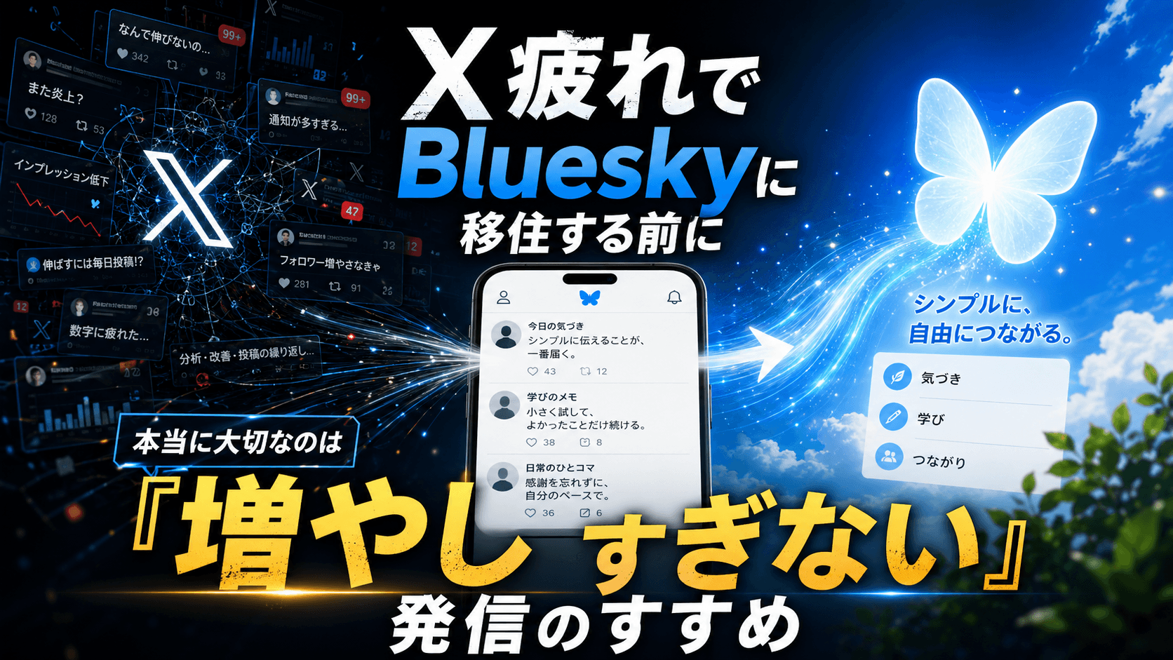 X疲れでBlueskyに移住する前に——「増やしすぎない」発信のすすめを図解したアイキャッチ